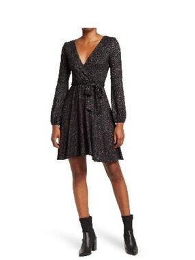 The Vanity Room Black Sparkle Wrap Midi Dress